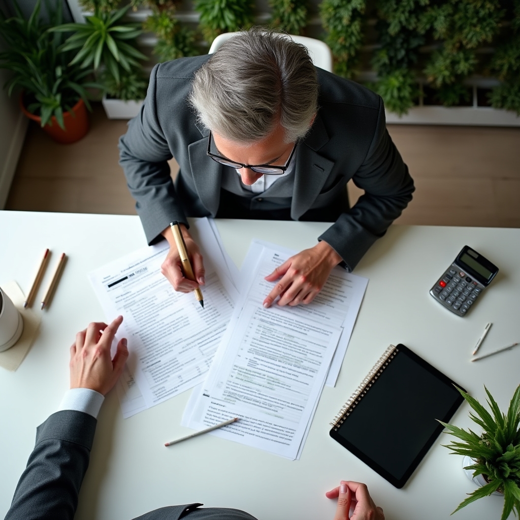 Persona che studia attentamente documenti finanziari con appunti e calcolatrice su scrivania ordinata